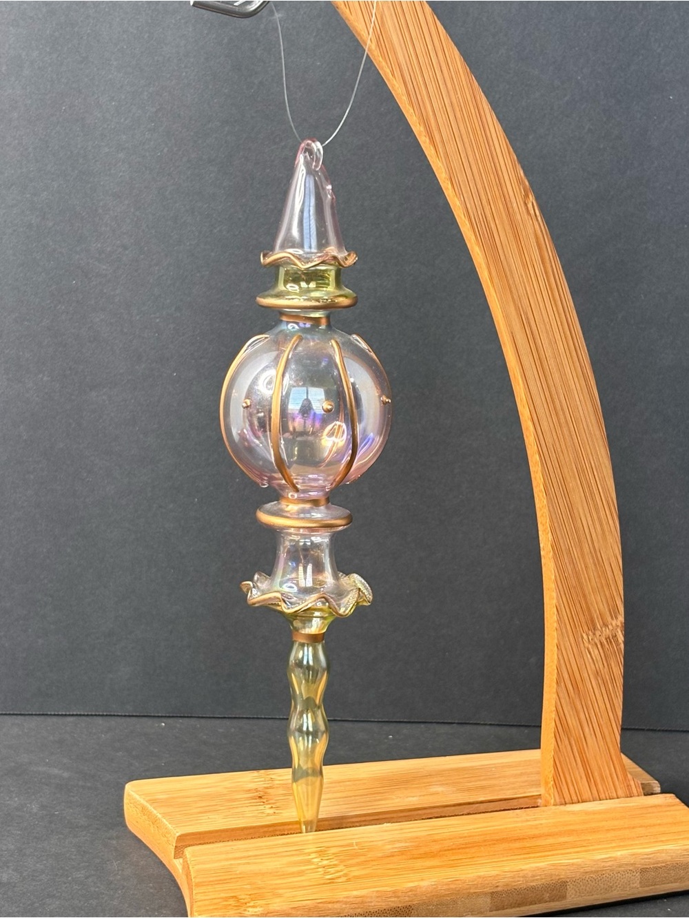 Hand Blown Glass Egyptian Style Christmas Ornament Iridescent Pink Gold Green 8”